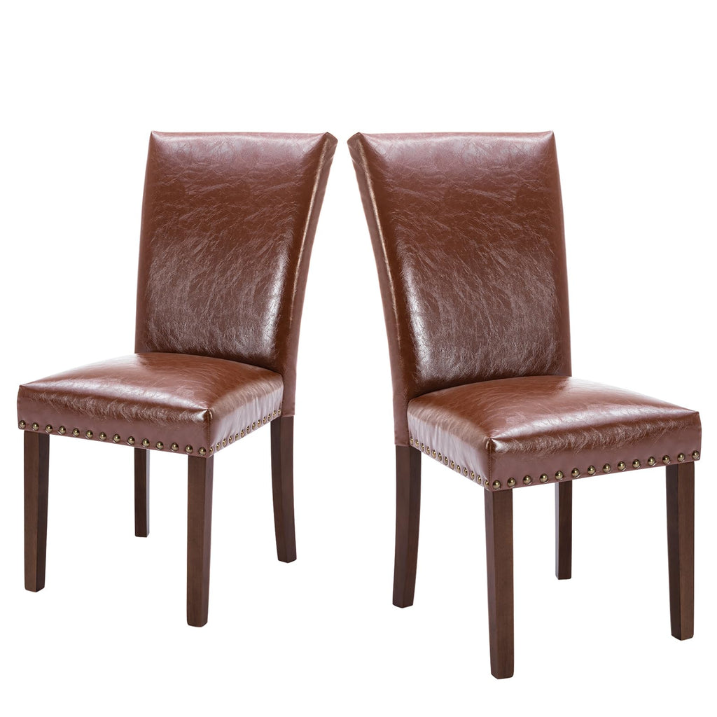 Upholstered Parsons Dining Chairs Set of 2, PU Leather Dining Room Kitchen Side Chair with Nailhead Trim and Wood
