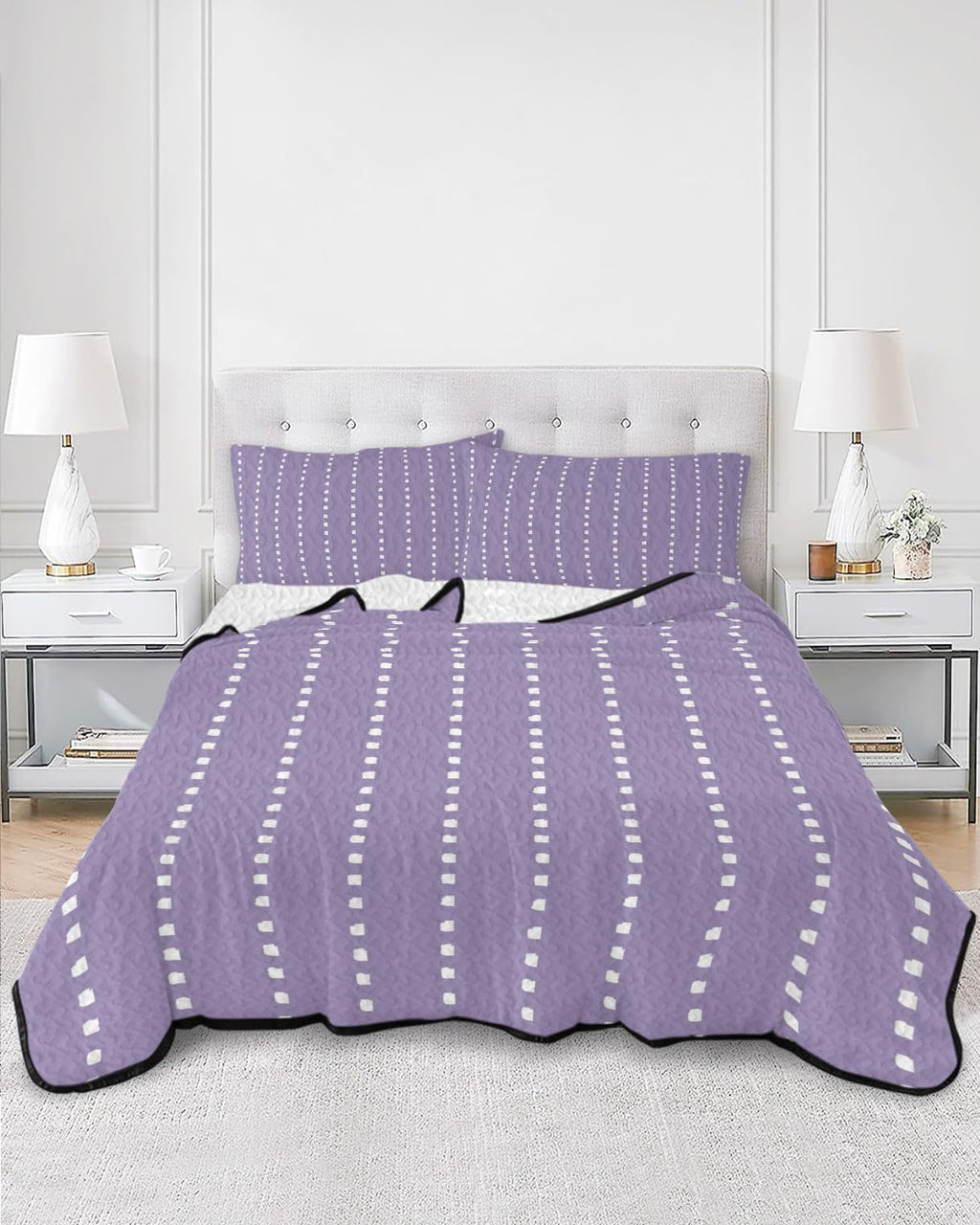 Lilac Ticking Quilt Set 3 Pieces Quilted Bedspread- Soft, Pastel Dreamy Undertone Lightweight Quilt with