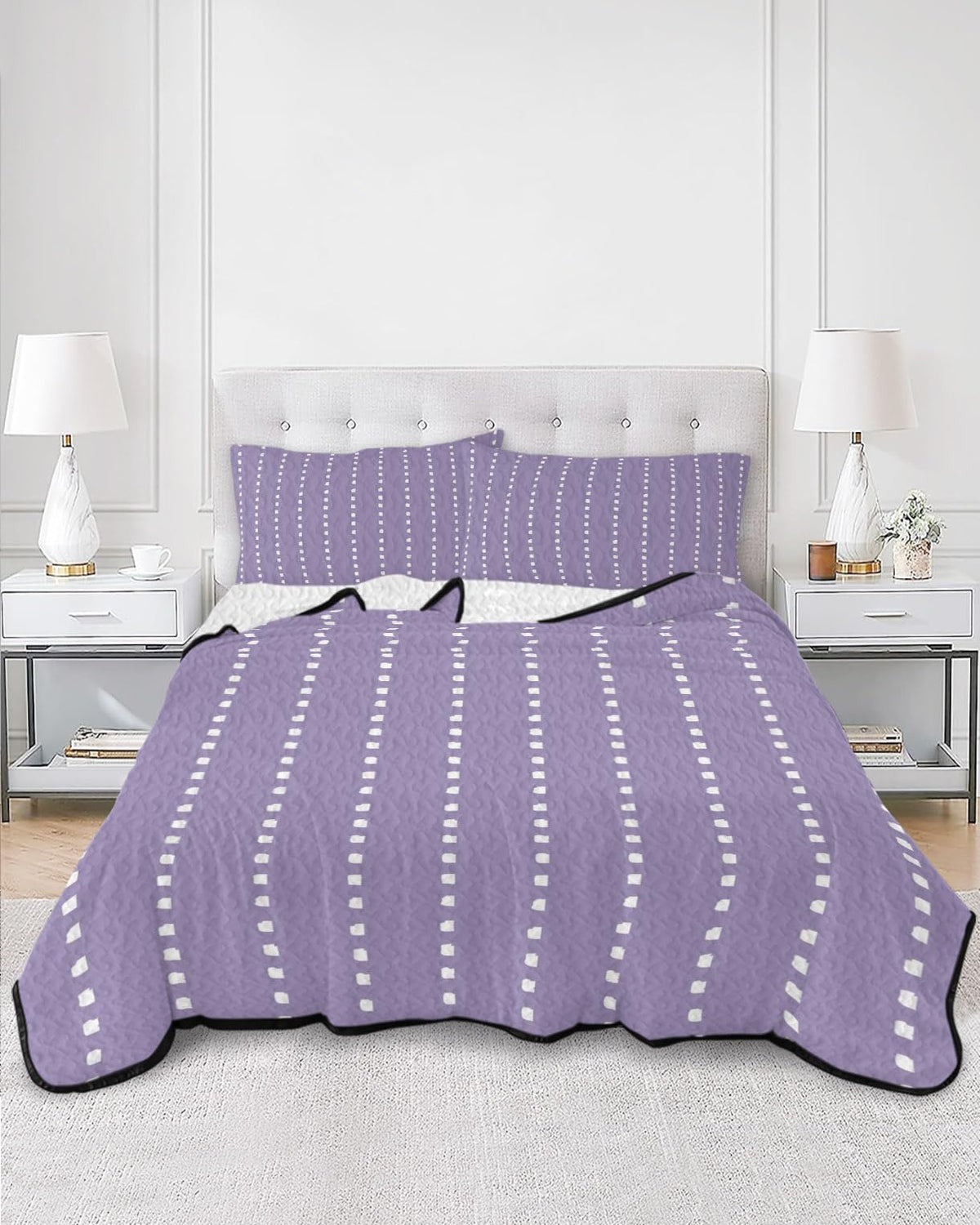 Lilac Ticking Quilt Set 3 Pieces Quilted Bedspread- Soft, Pastel Dreamy Undertone Lightweight Quilt with