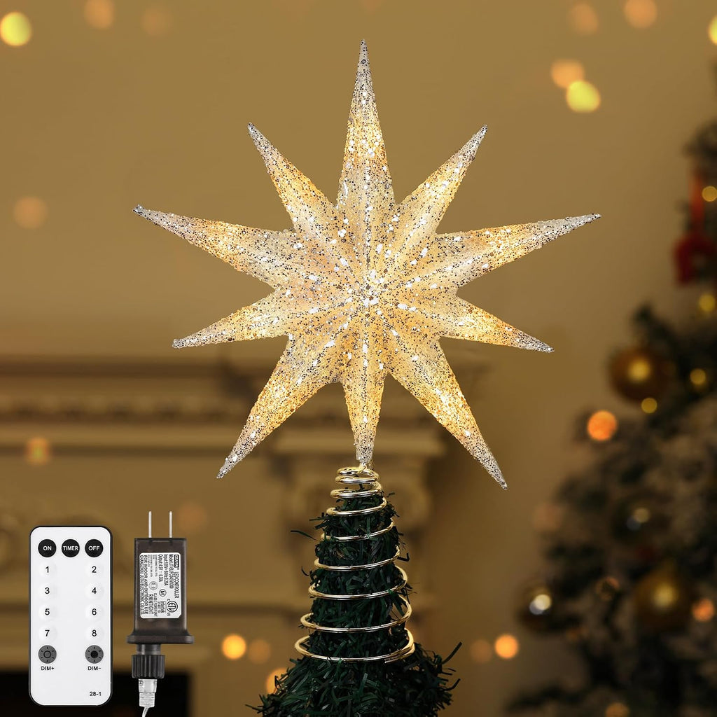Christmas Tree Topper Star, 13inch 10-Point Light Up Xmas Star Treetop with Plug and Remote Control Christmas