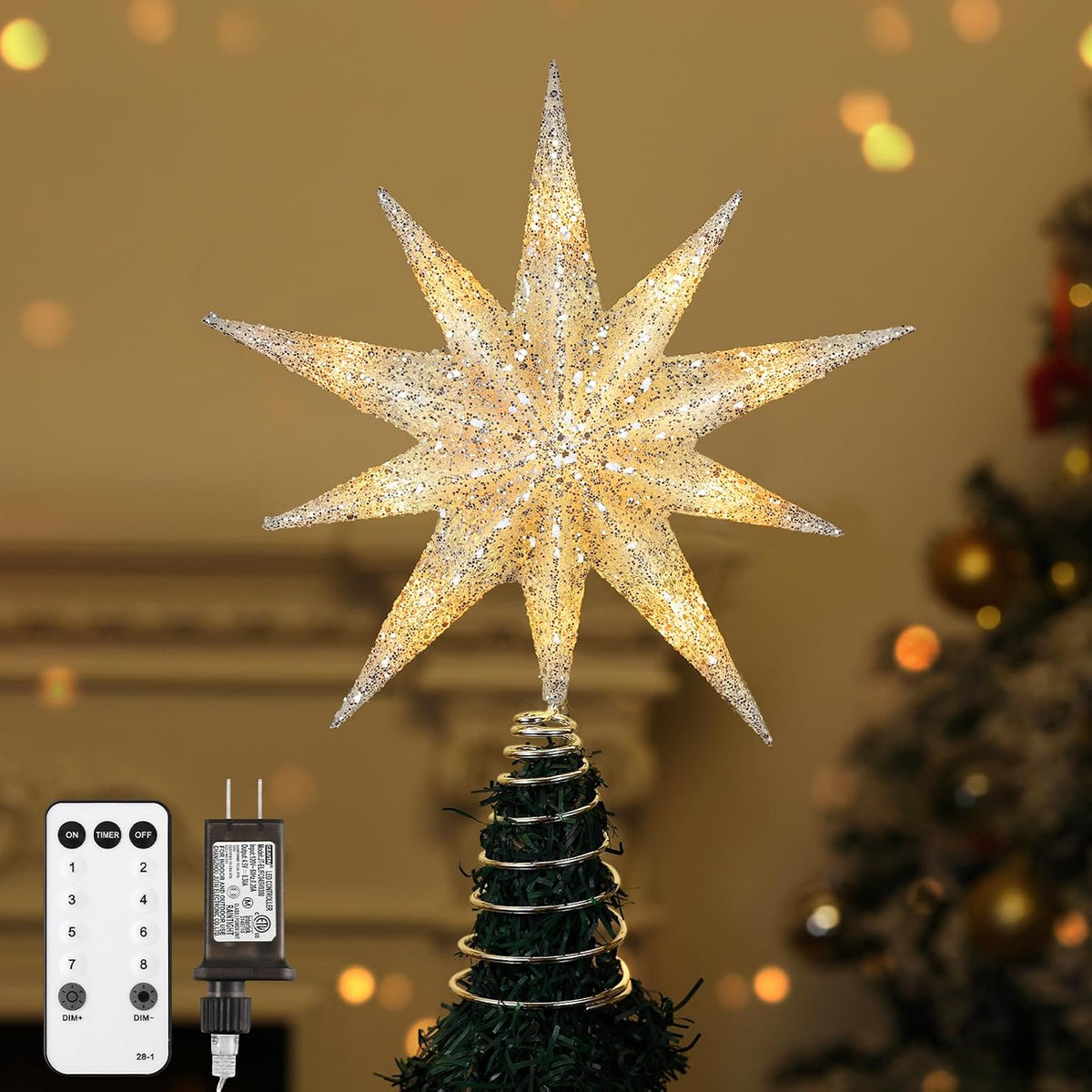 Christmas Tree Topper Star, 13inch 10-Point Light Up Xmas Star Treetop with Plug and Remote Control Christmas
