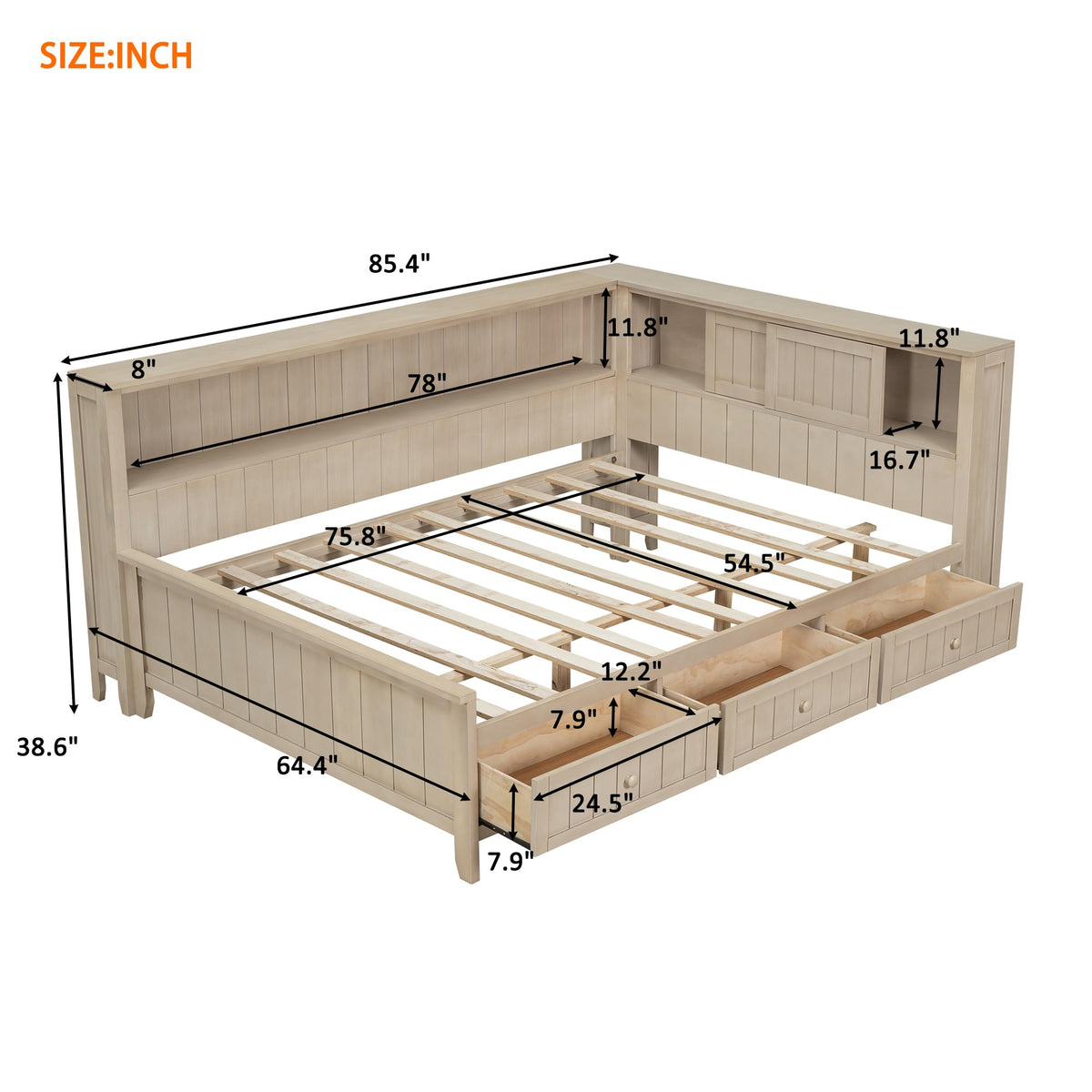 Wood Day Bed with Storage Drawers, Farmhouse Daybed with Shelves, Storage Headboard and Sliding Doors, L