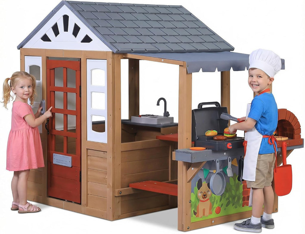 Kids Outdoor Wooden Playhouse, Cedar Wooden Play House for Ages 3-8 Kids with BBQ Grill, Kitchen Set, Picnic Table