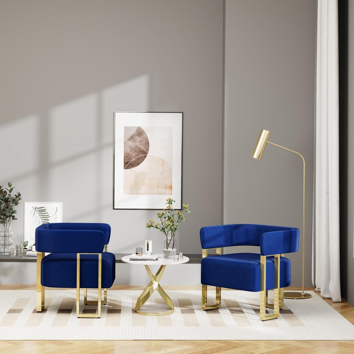 Modern Navy Blue Velvet Accent Chair Set of 2, Barrel Chairs Set of 2, Arm Side Chairs Bedroom (2, Blue)