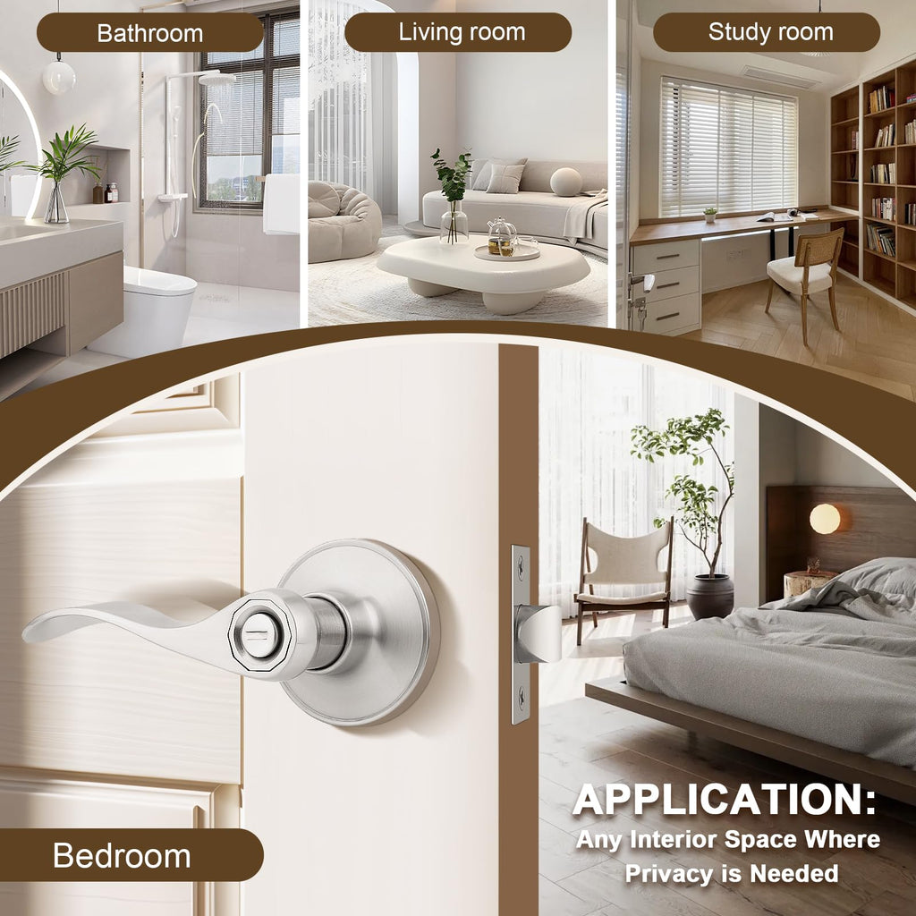 6 Pack Privacy Door Handle Brushed Nickel, Keyless Bedroom Interior Door Handles with Lock Modern Door Handles Wave