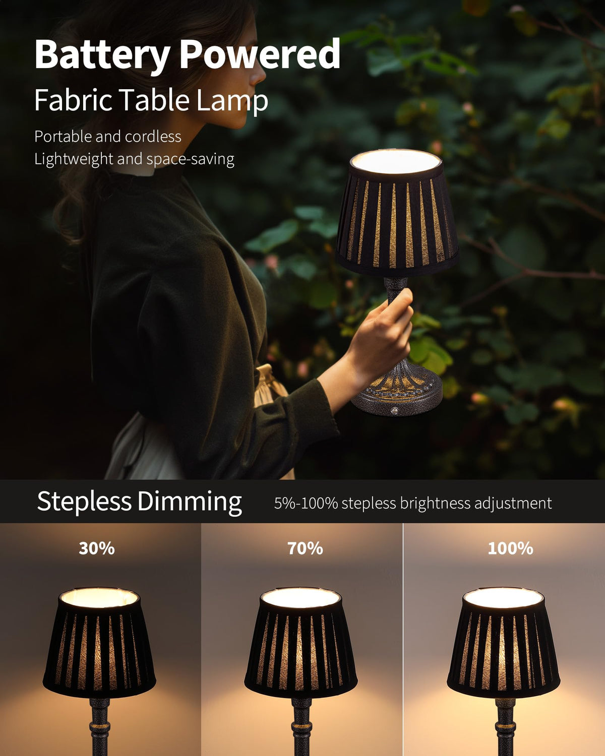 Mottled Silver Cordless Table Lamps Set of 2, Black Fabric Shade Light