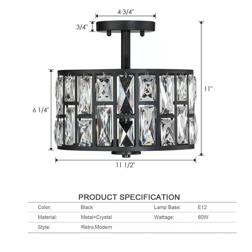 Farmhouse Crystal Round Semi Flush Mount Close to Ceiling Light Fixture, Drum Shade 3LT Ceiling Lamp Island Dinning