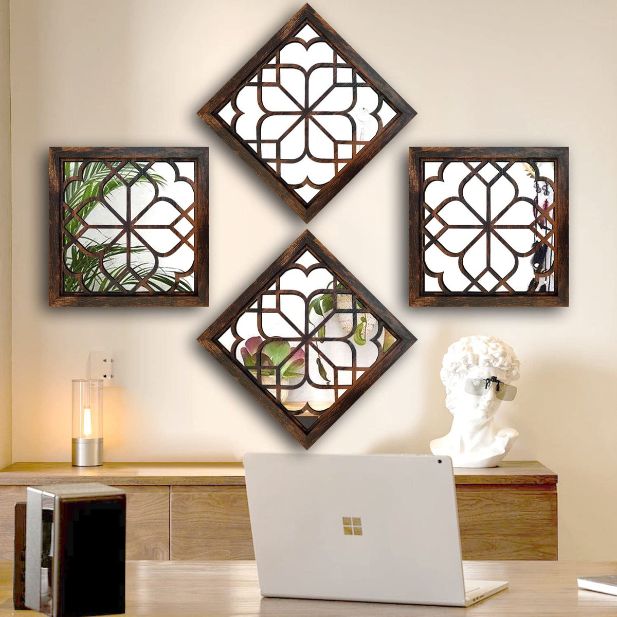 Set of 4 Mirrors Square Wall Mirror,Gorgeous Rustic Farmhouse Accent Mirror,Caramel Color Entry Mirror