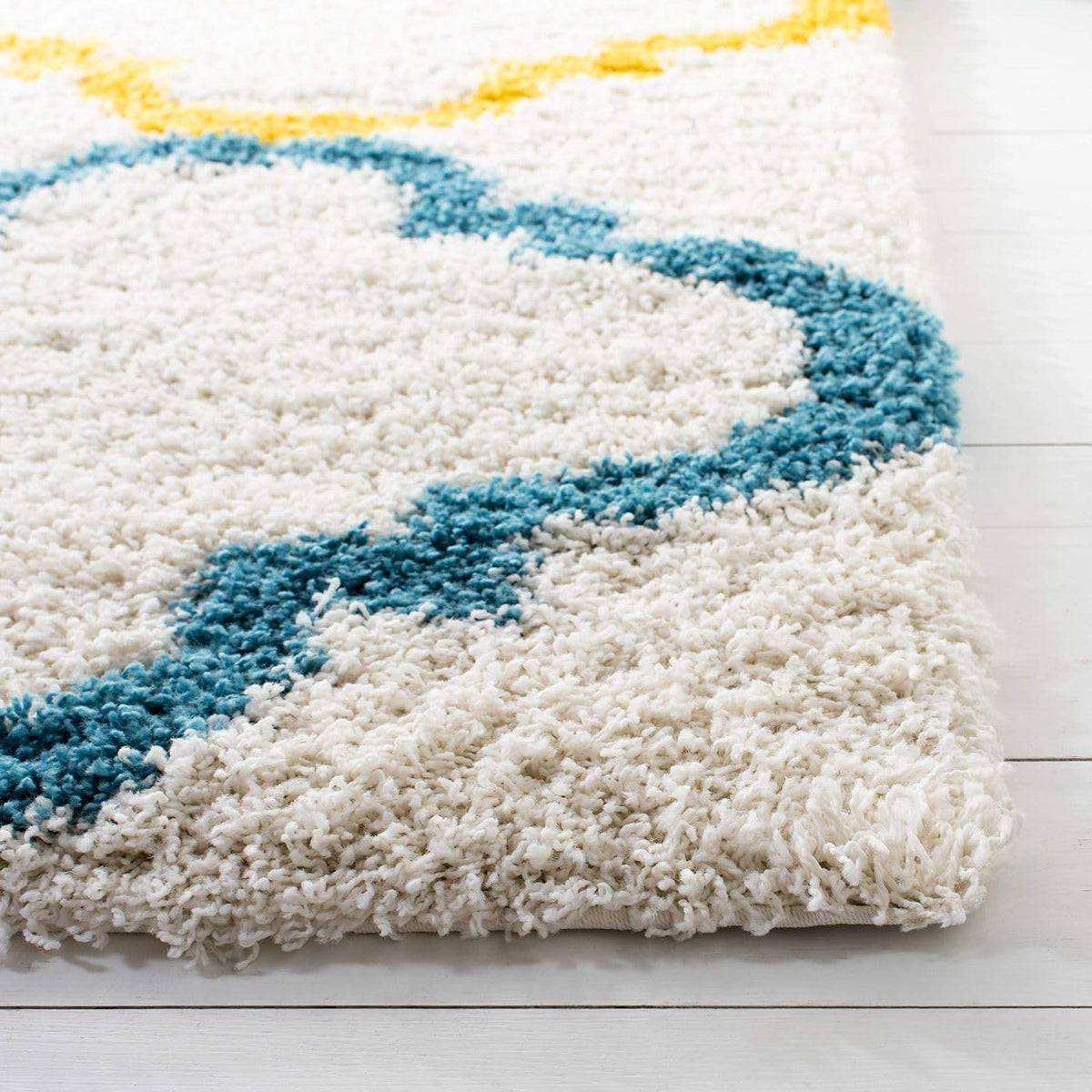 Kids Shag Collection Area Rug - 6'7" Square, Ivory & Multi, Rainbow Moroccan Design, Non-Shedding & Easy Care, 2-inch
