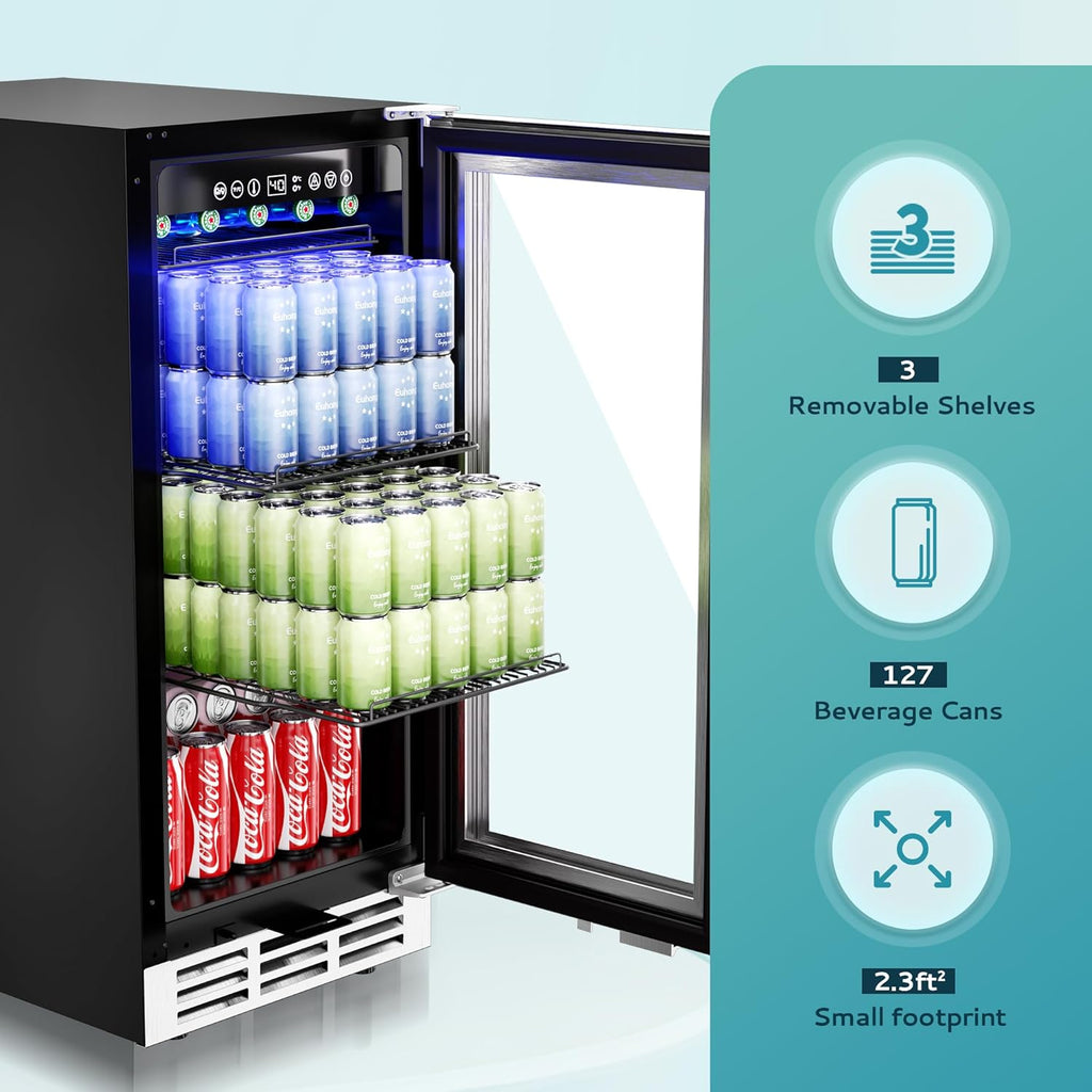 15 Inch Beverage Refrigerator Cooler Under Counter 127 Cans Beverage Fridge Built-in or Freestanding with Glass Door