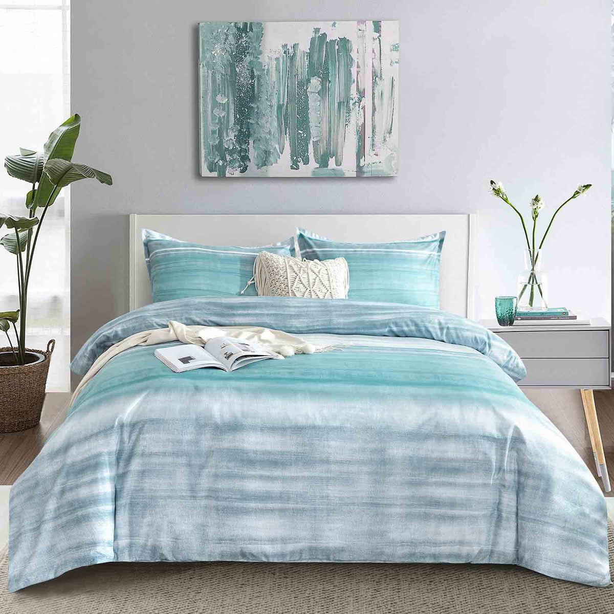 Blue Grey Striped Duvet Cover - Teal and Gray Stripe Printed Pattern Reversible Microfiber Comforter Cover