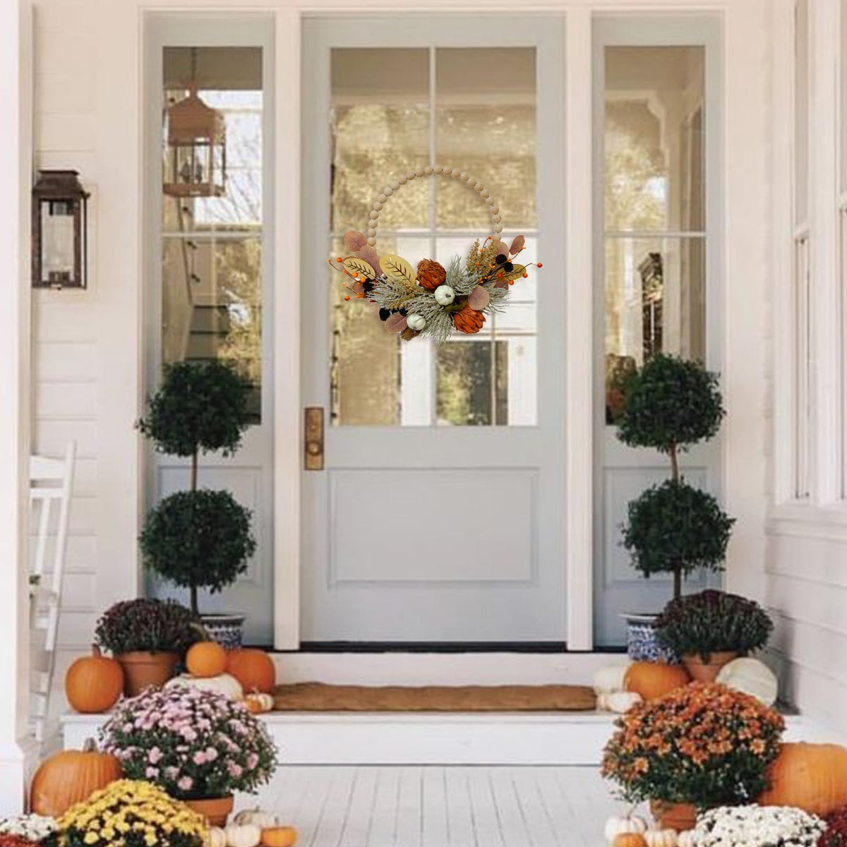 16" Artificial Fall Wooden Beads Wreath with Leaves, Chrysanthemums & Mini Pumpkins - Handcrafted Harvest Decor for