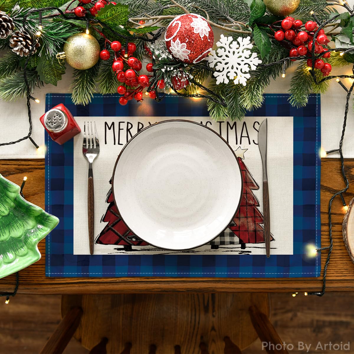 Blue Waterclor Buffalo Plaid Christmas Trees Placemats Set of 6, 12x18 Inch Winter Table Mats for Outdoor Home Party