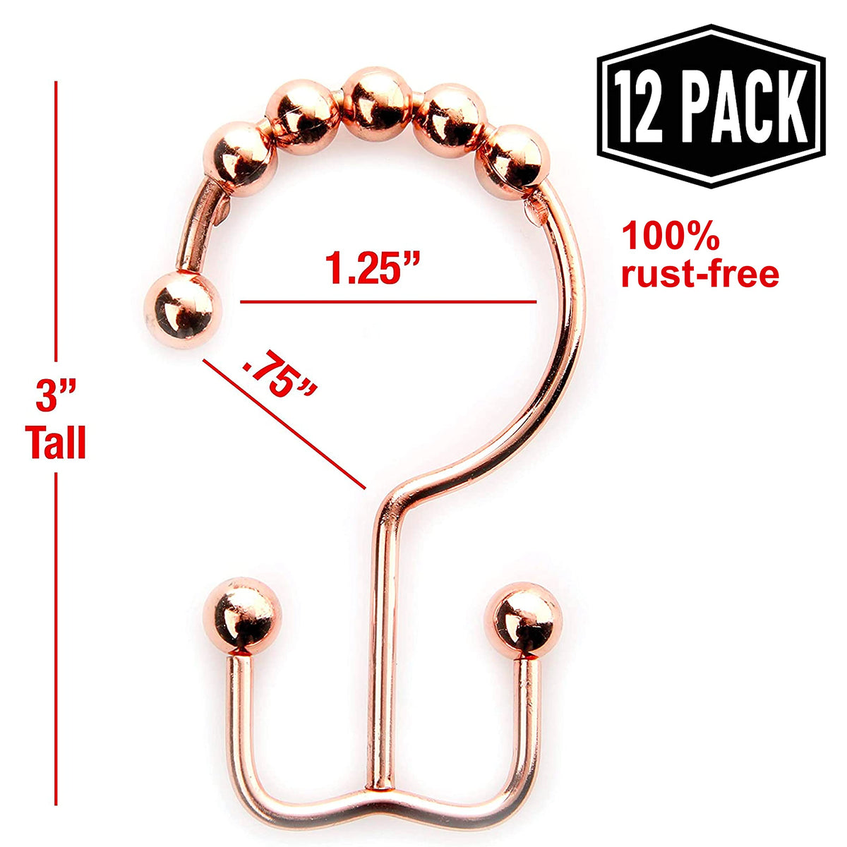 2lbDepot Copper Shower Curtain Hooks Rings, Premium Rust-Resistant Stainless Steel Metal, Double Dual Sided Hooks