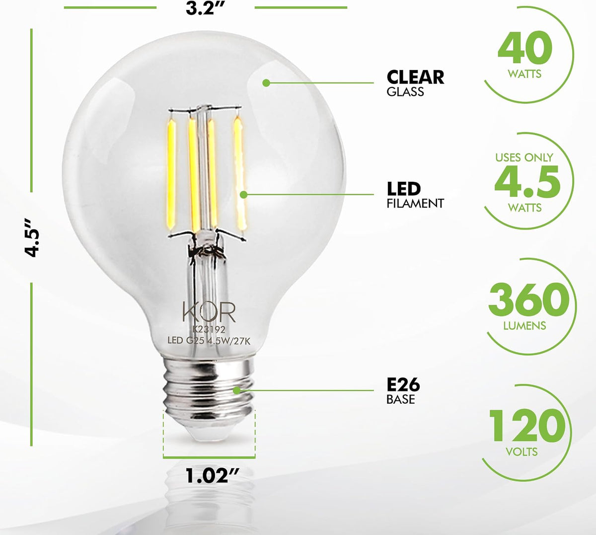 G25 LED Globe Light Bulbs, 40W Equivalent, 2700K, Dimmable, 4-Pack