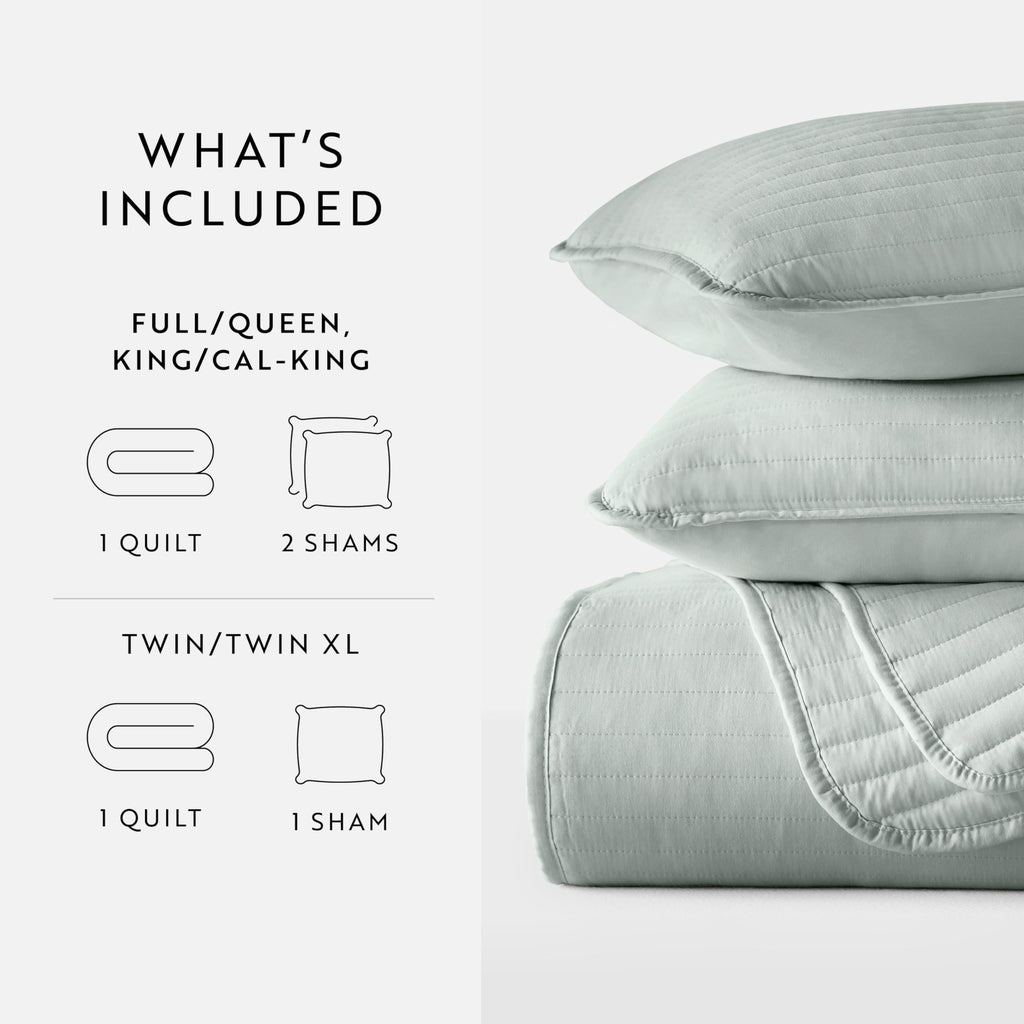 Modern Quilt Coverlet Soft Set in Stripe Stitching - Cal- Eucalyptus