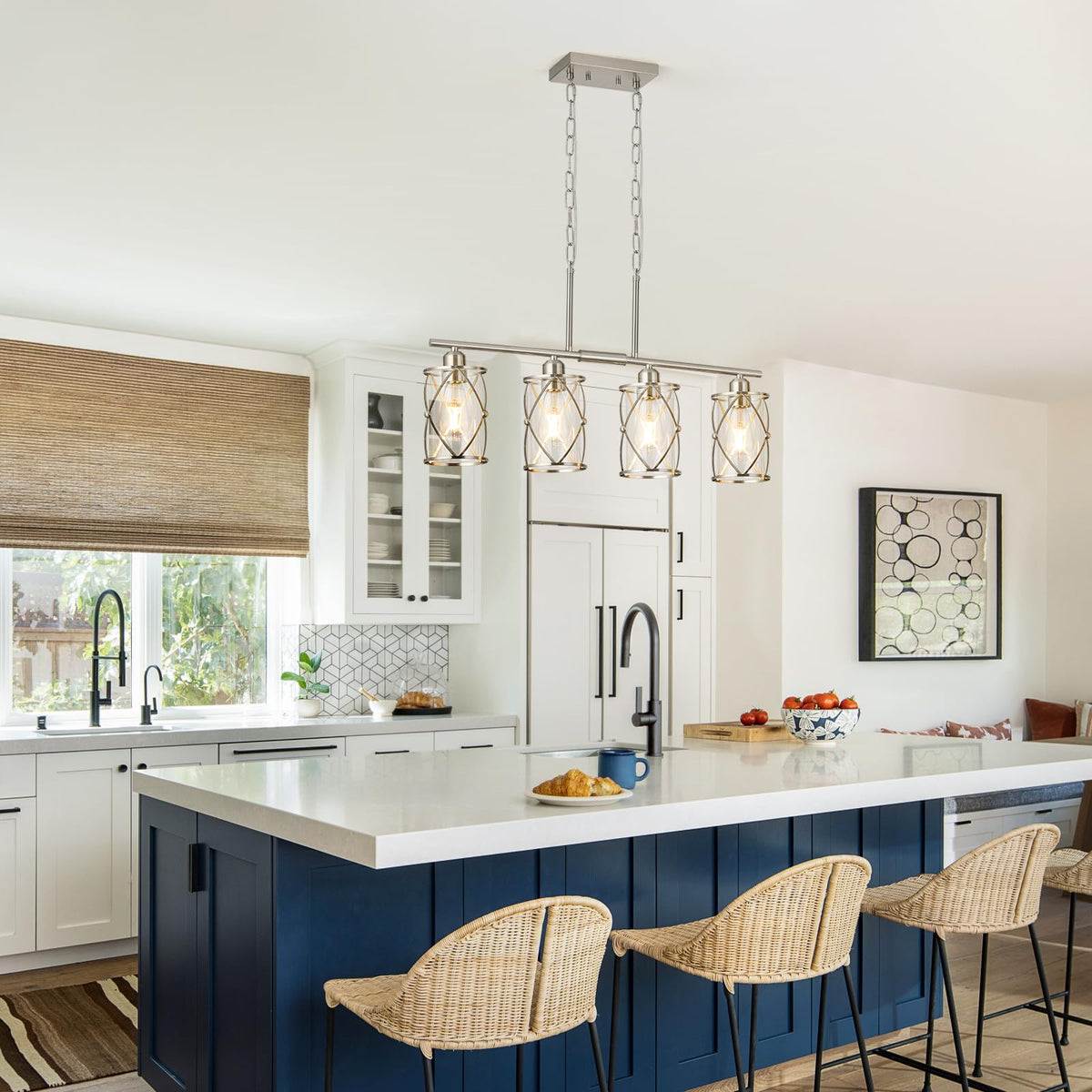 Kitchen Island Lighting, Modern Brushed Nickel Dining Room Light Fixtures with Clear Glass, Farmhouse