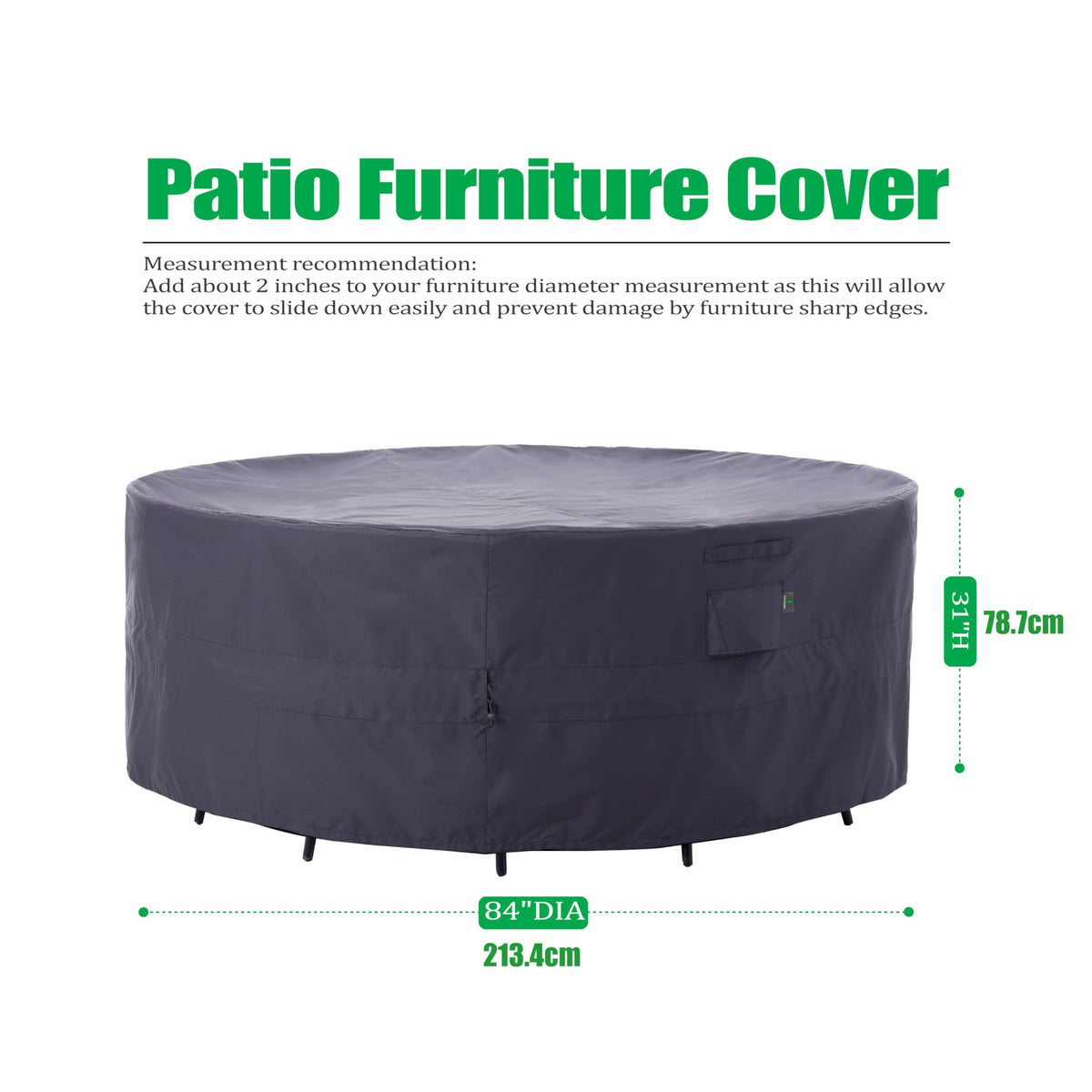 Round Patio/Outdoor Furniture Covers, Grey, 84"Dia x 31"H
