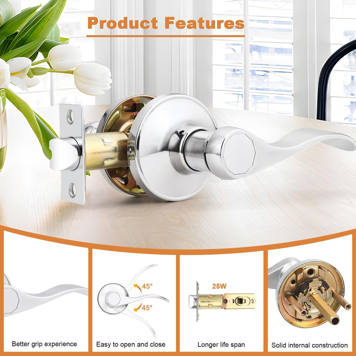 Interior Door Handle Lever Chrome Door Handles Passage Door Lever Handle, Closet Door Handle Polished Chrome Interior