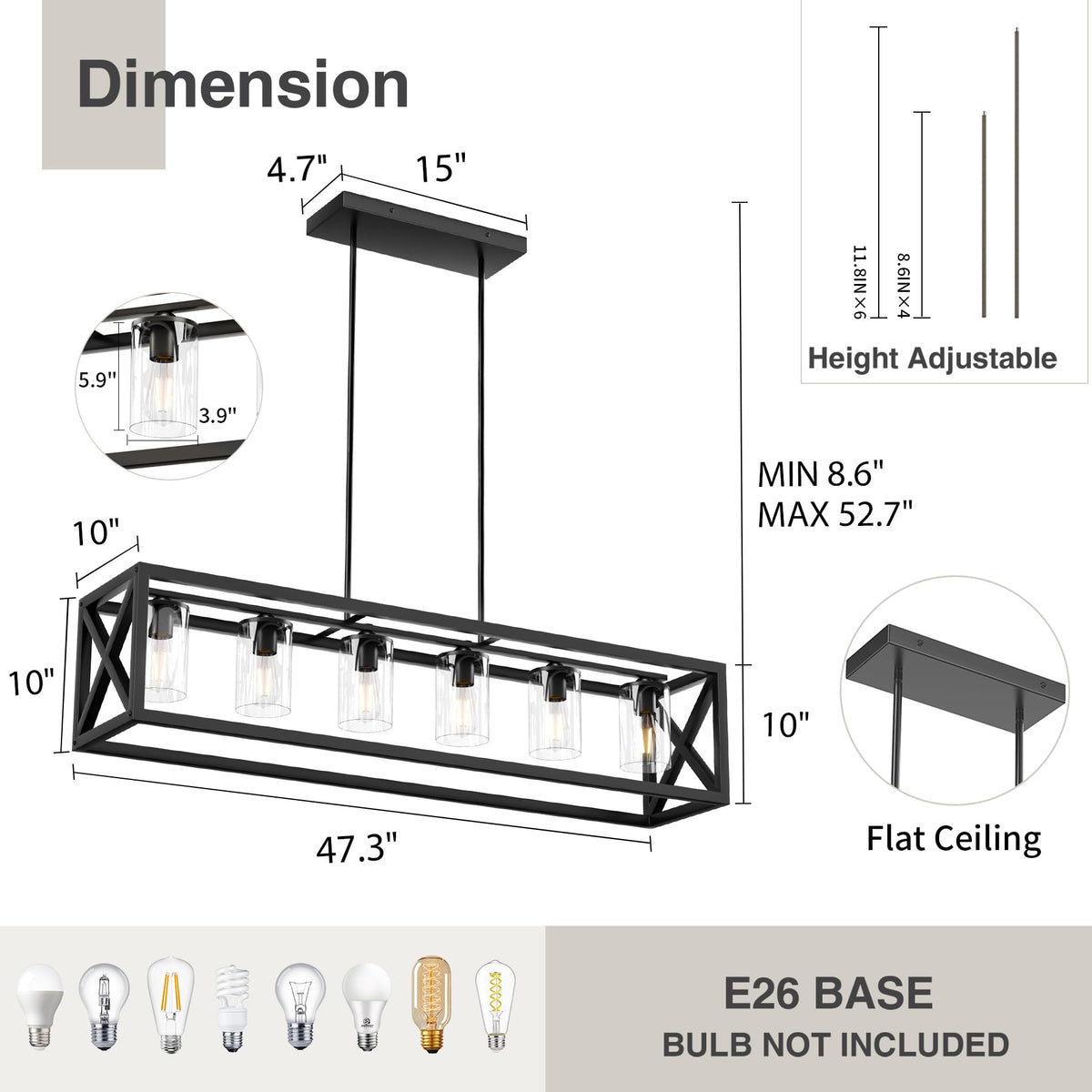 Farmhouse Dining Room Light Fixture - 6 Light Kitchen Island Lighting with Adjustable Height & Thickened Metal Dining