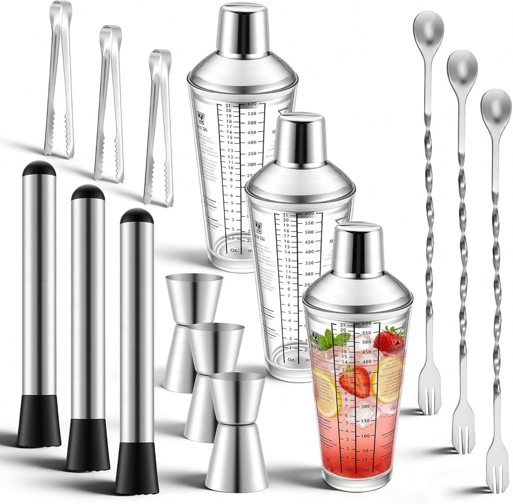 Glass Cocktail Shaker Set, 23oz Bartender Kit with Built-in Strainer, Ice Tongs, Measuring Jigger, Muddler & - Set of 3