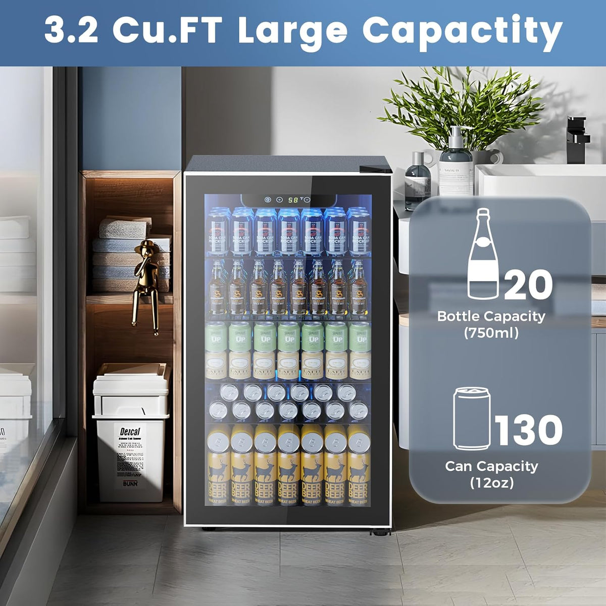 Mini Fridge 130 Can Beverage Refrigerator Cooler, 3.2 Cu.Ft Drink Fridge for Soda Wine Beer