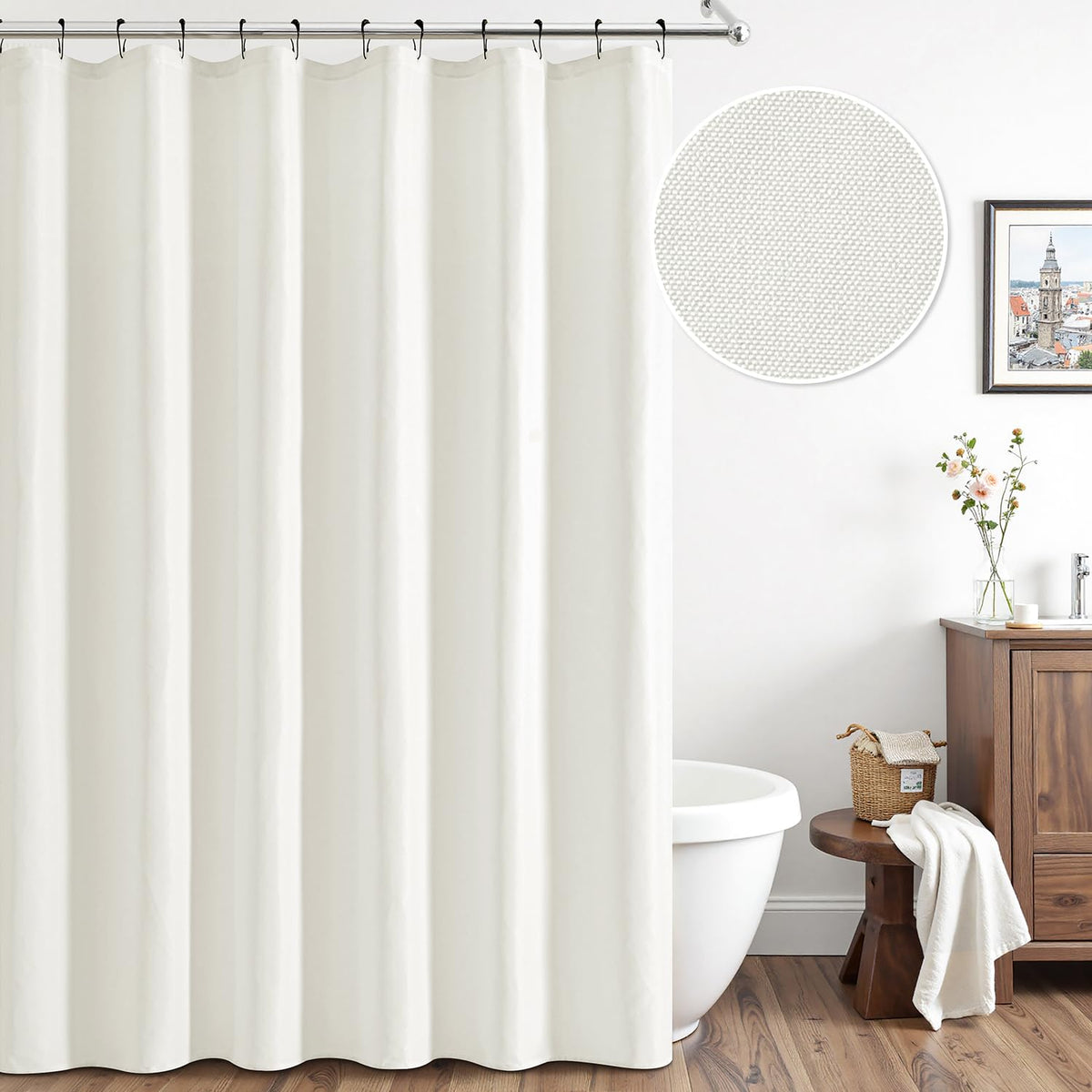 White Extra Long Linen Fabric Shower Curtain Set - W72xL108