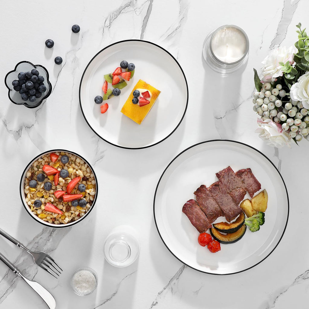 Plates and Bowls Sets, 12 Pieces Modern Porcelain Dinnerware Set for 4 White Kitchen Dinner Dining Ware Set wtih