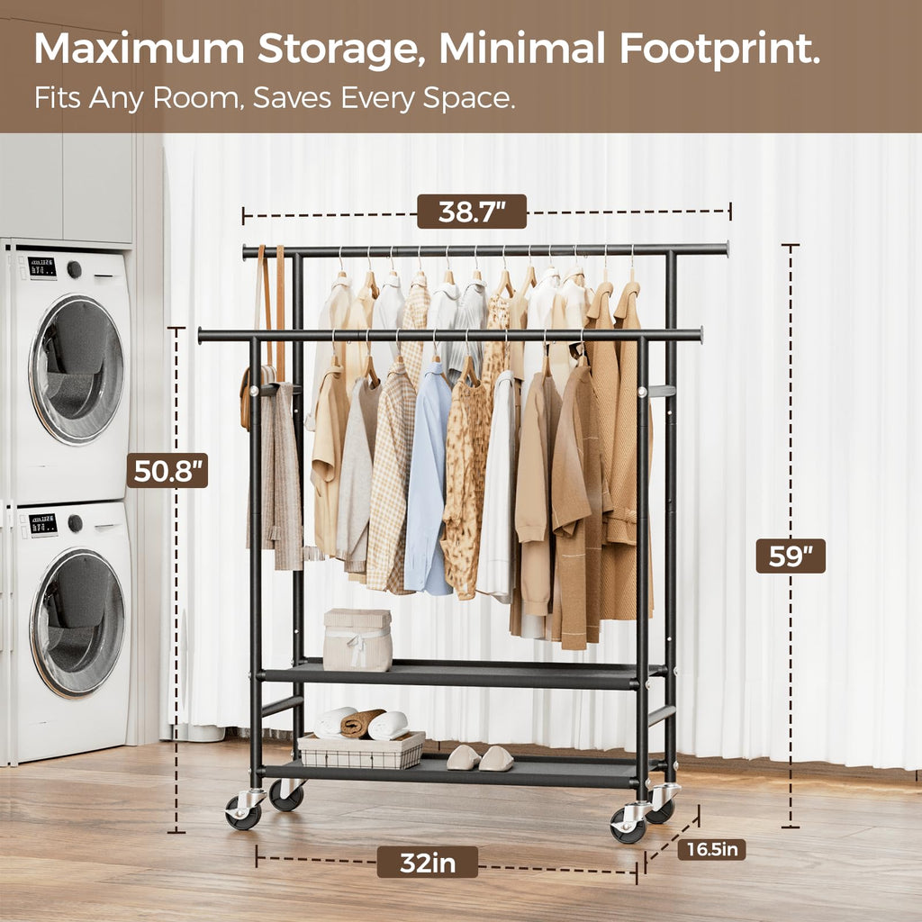 Clothes Rack,Double Rods Rolling Clothing Rack for Hanging Clothes,Portable Garment Rack with 2-Tier Storage