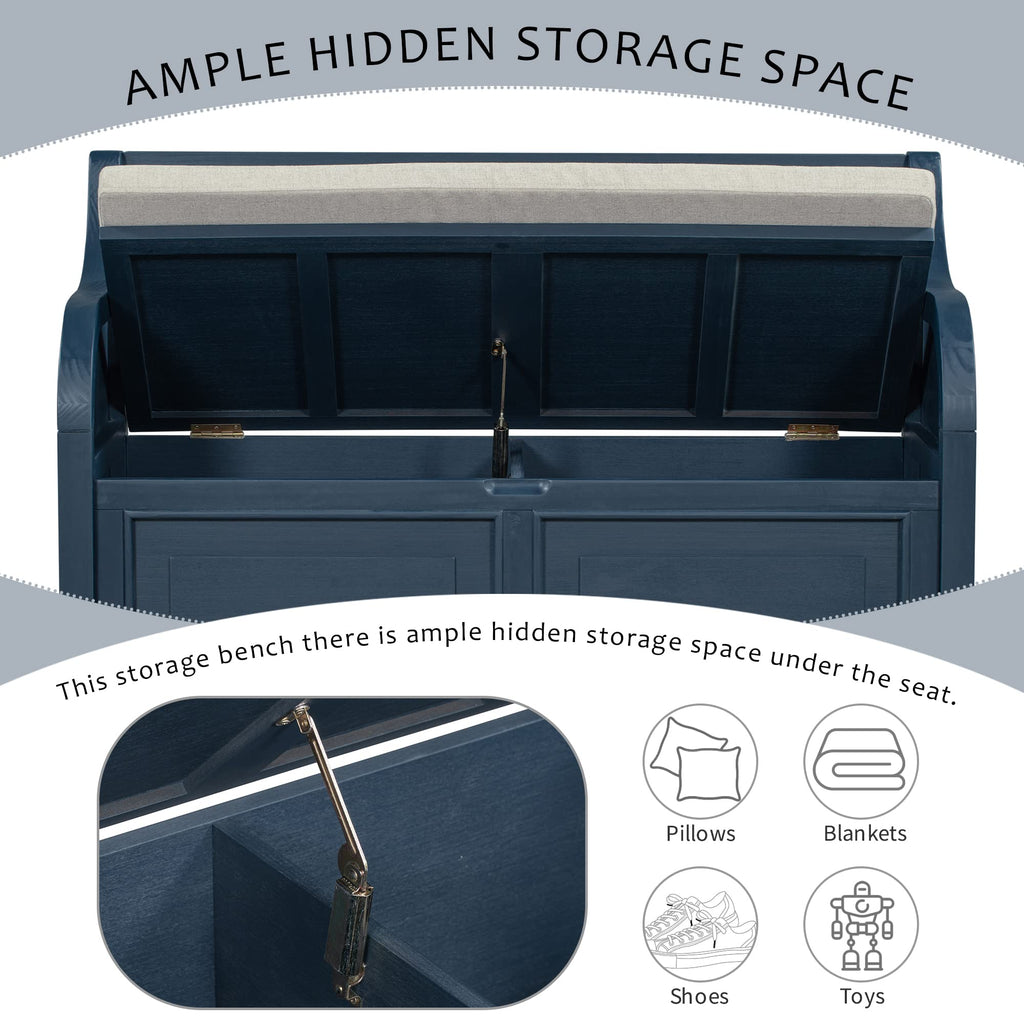 42 Inch Rustic Style Storage Bench, Antique Navy and Beige