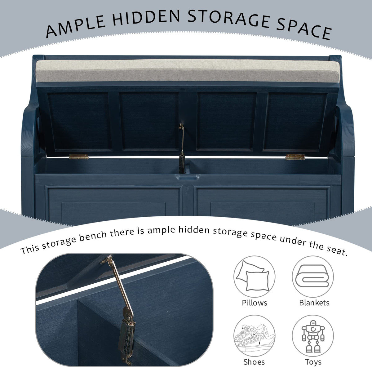 42 Inch Rustic Style Storage Bench, Antique Navy and Beige
