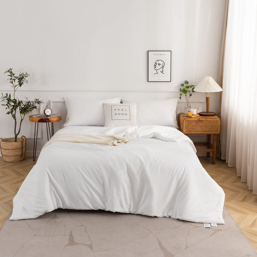 White Comforter Set Bed, Luxury Hotel Super Soft Fluffy Washed Cotton, 1 Down Comforter 2 Pillowsham
