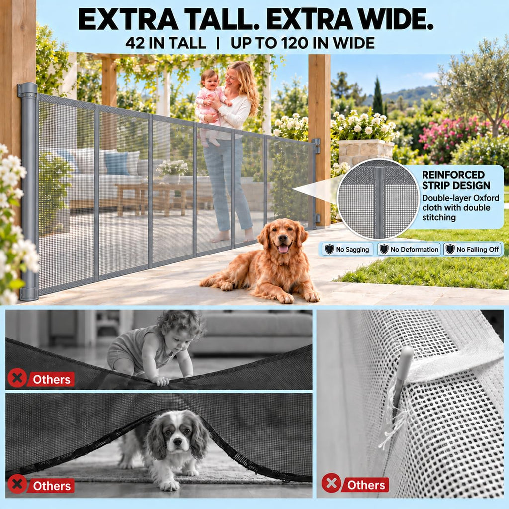 120" Extra Wide Retractable Baby Gate, 44" Tall Dog Gate for Stairs