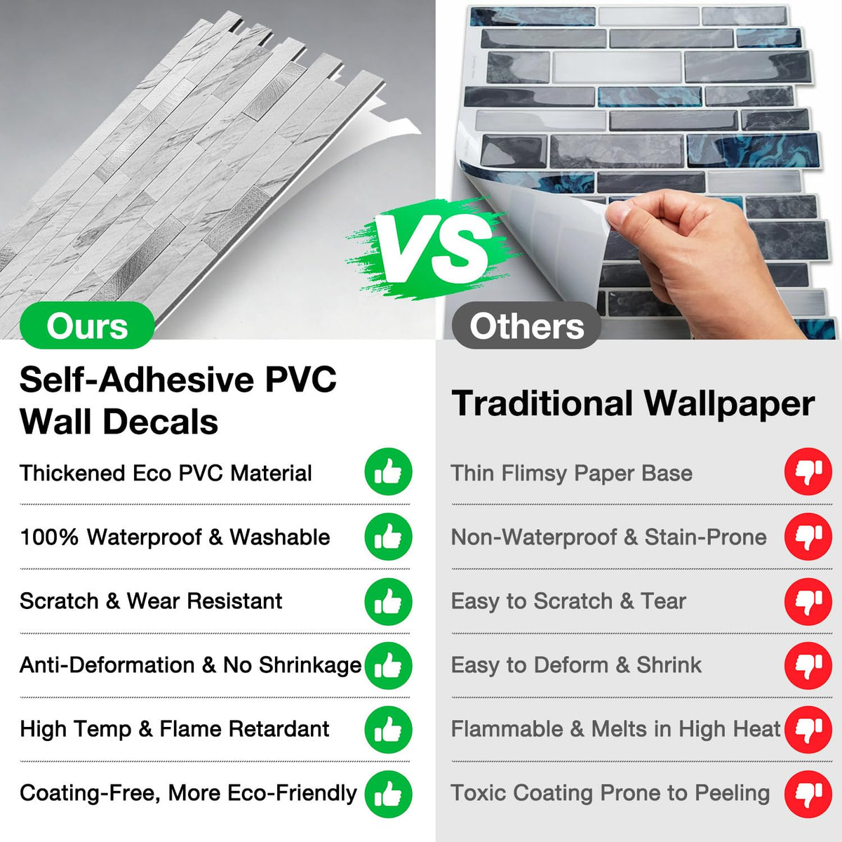 Peel and Stick Backsplash Tile Waterproof Removable PVC Wall Sticker 3D Faux Stone Marble Brick White Accent Panels