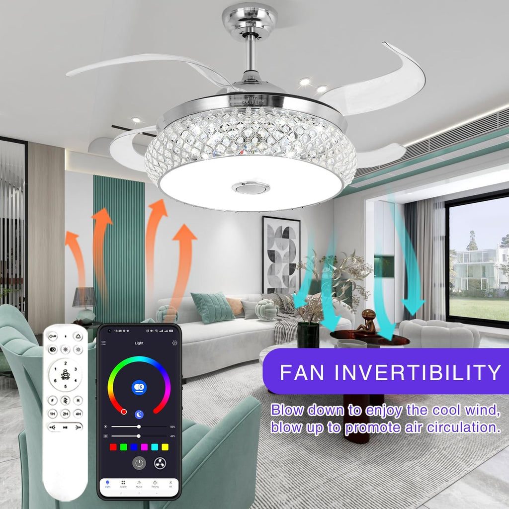 Retractable Ceiling Fan Bluetooth Celing Fans whit Lights and Speaker