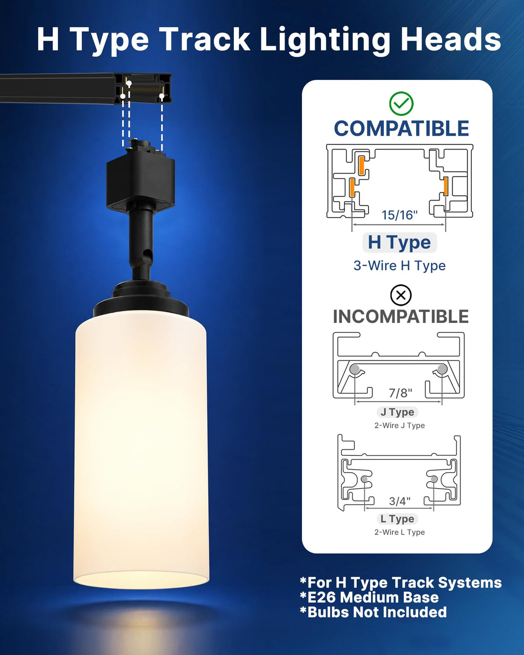 4 Pack H Type Track Lighting Heads, E26 Frosted Glass, Black