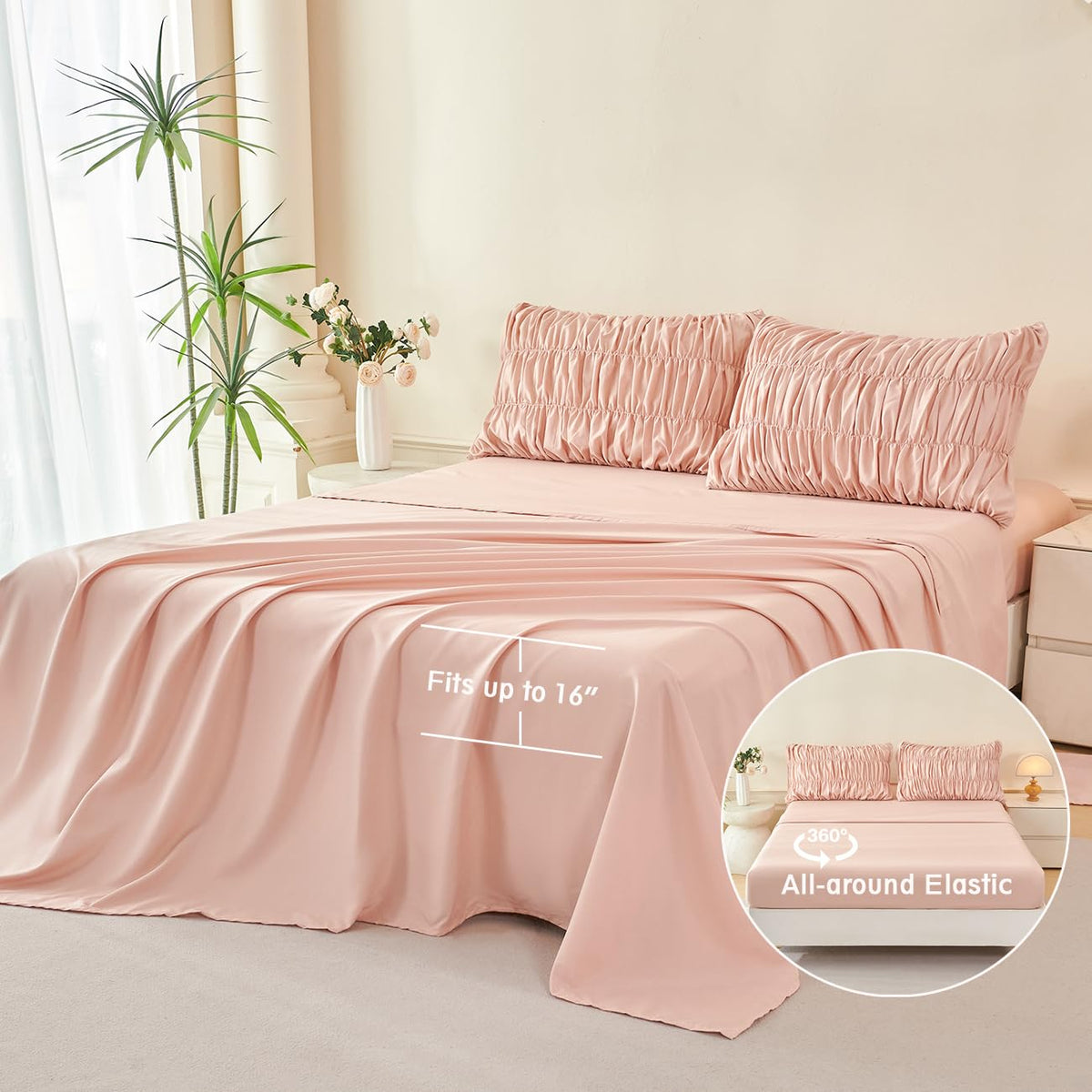 Blush Bed in a Bag 5-Piece Boho Ruched Bedding Comforter Set Soft Luxury Fluffy Pleated Textured Pink