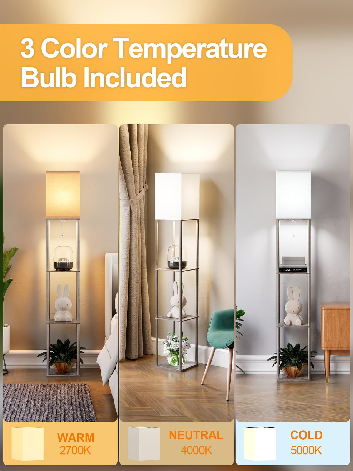 Floor Lamp with Shelves 2 Pack Oak Gray, Shelf Floor Lamp with 3 CCT LED Bulb, Corner Display Standing Column Lamp