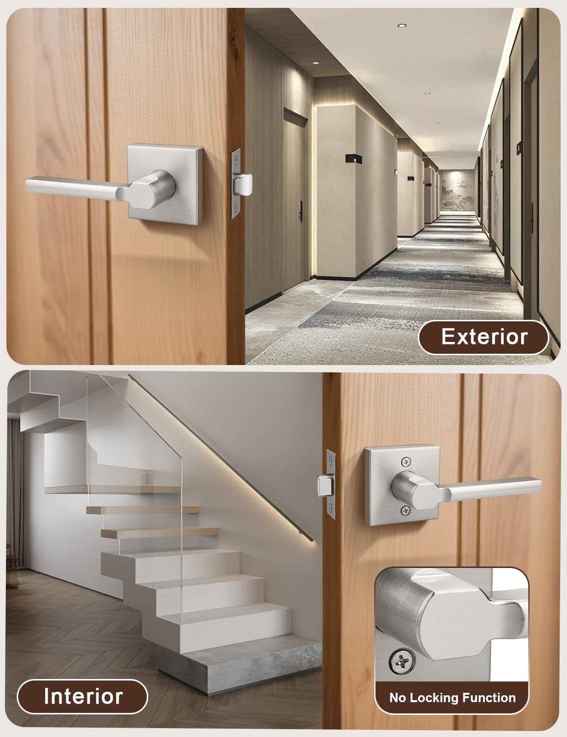 3 Pack Square Brushed Nickel Door Handles Interior, Non-Locking Interior Passage Door Lock Hallway/Closet Door Lever