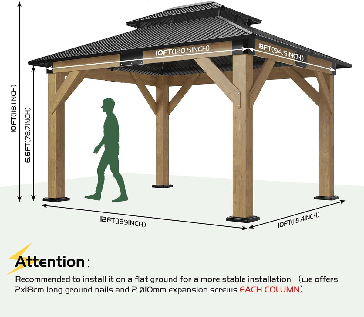 10x12 Wood Gazebo, Hardtop Gazebo with Spruce Frame and Aluminum Double Roof, Outdoor Pergola for Parties, Backyard