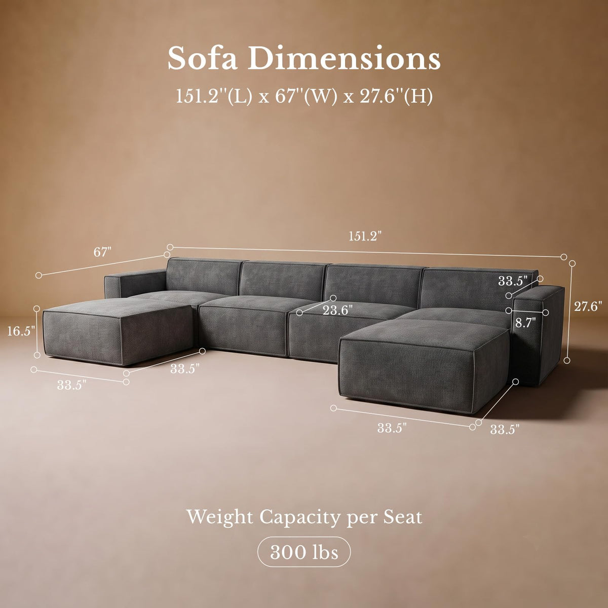 151.2" Modular Sectional Sofa, No Assembly, Chenille Fabric U Shape Boneless Sectional Couch with Smarts Coil Support