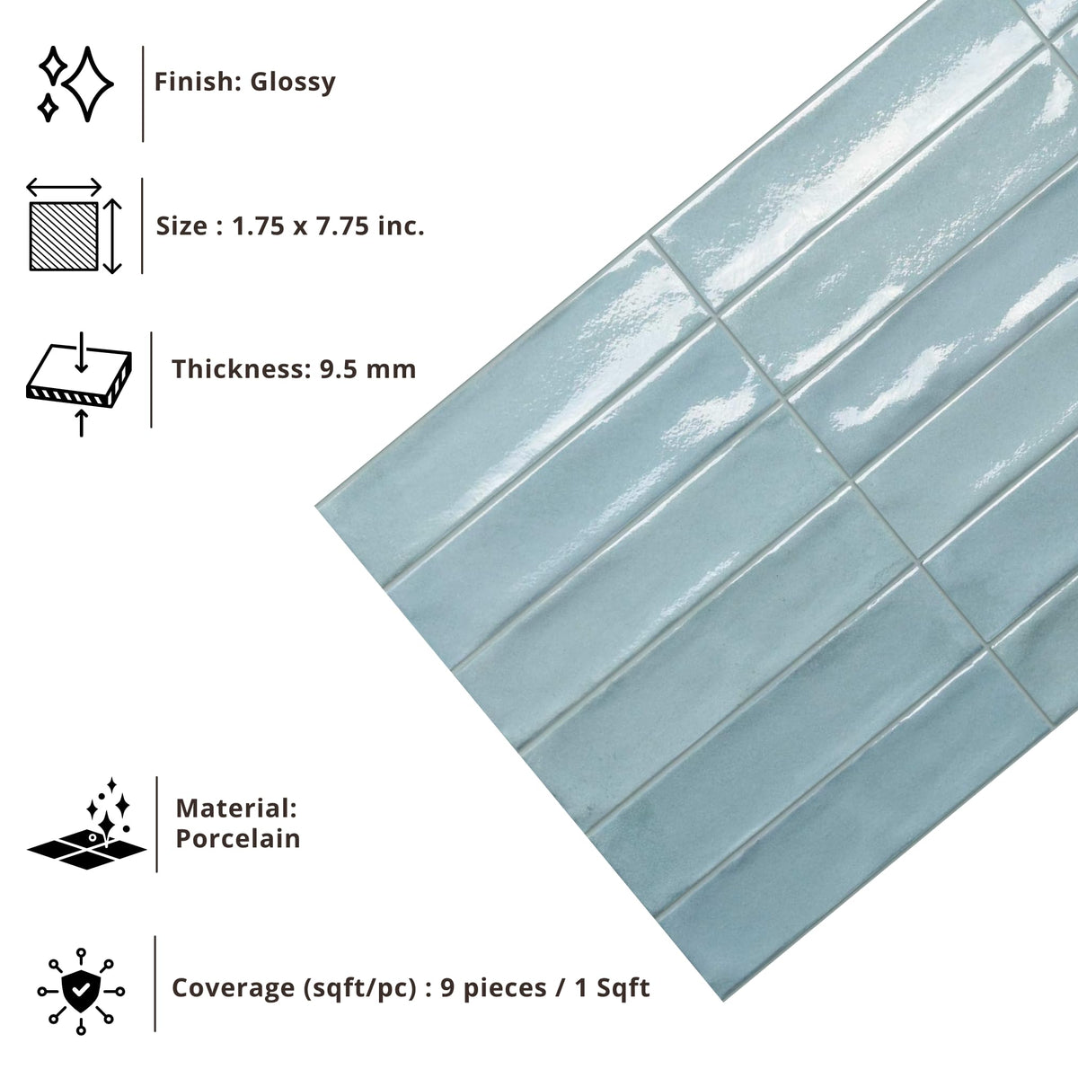 Light Blue Glossy Porcelain Subway Zellige Look Tile - 2"x8" Wall and Floor, Backsplash , Shower,Fireplace Accent-for