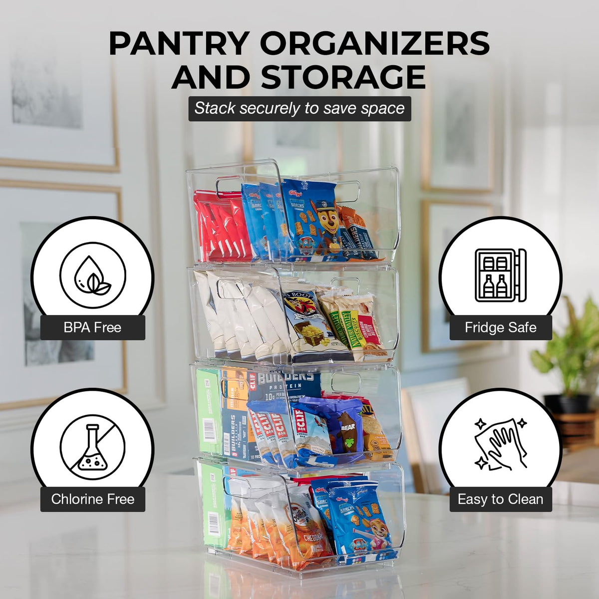 Stackable Storage Bins, Front Pantry Organizer, Medium, 4 Pack