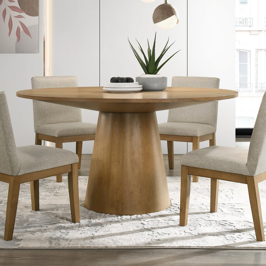 59'' Round Dining Table Wood Kitchen Table for 4, Modern Contemporary Farmhouse Style Solid Wooden Dining Table