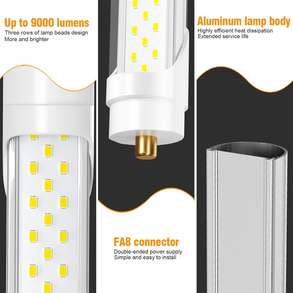 8ft Led Bulbs, T8 8 Foot Led Bulb for T12 Fluorescent Replacement, 72W 9000lm 8' Led Tubes 96" FA8 Single Pin, Three