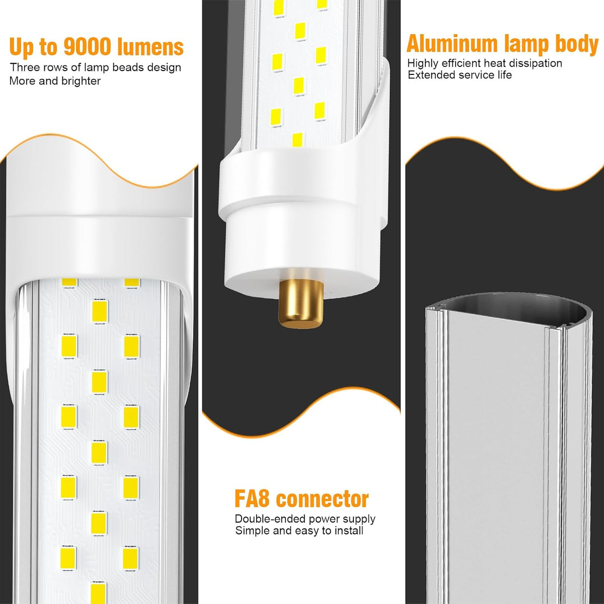 8ft Led Bulbs, T8 8 Foot Led Bulb for T12 Fluorescent Replacement, 72W 9000lm 8' Led Tubes 96" FA8 Single Pin, Three