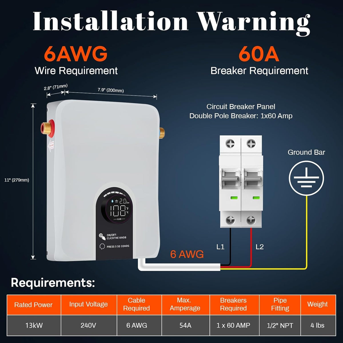 Electric Tankless Water Heater, 13kW 240V on Demand Instant Endless Electric Hot Water Heater for Residential Whole