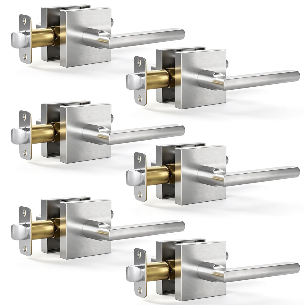 6 Pack Satin Nickel Passage Door Lever, Interior Non-Locking Leverset
