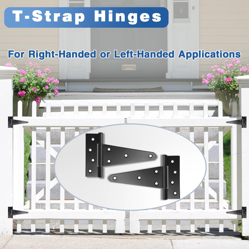 8 Inch T-Strap Gate Hinges, Heavy Duty Black Barn Door Hinges, 4 Pack