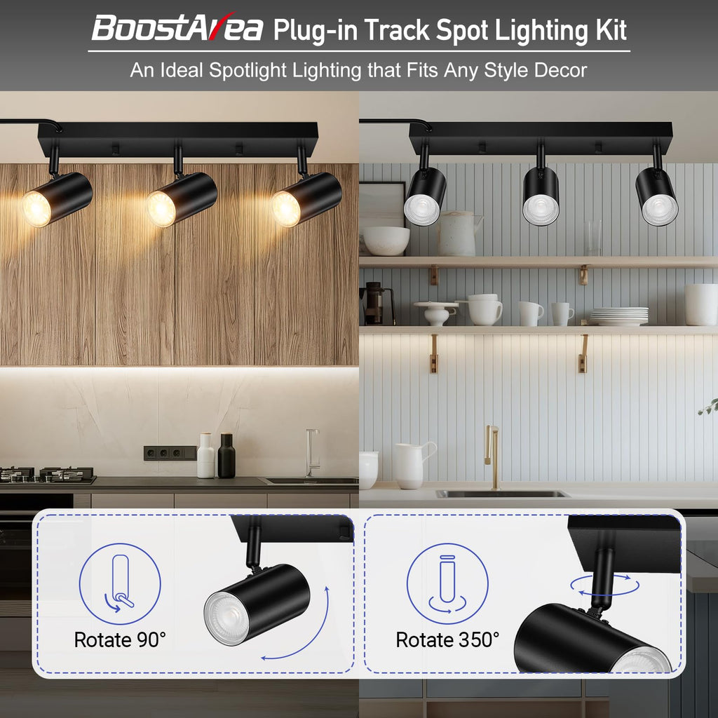 LED Track Lighting Ceiling Fixtures, Black 3-Light Plug in Track Lights, 3 Way Ceiling Spotlight, 15 FT